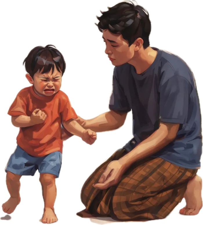 Ayah berlutut dengan tenang di samping si Kecil yang sedang marah