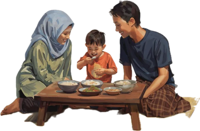 Mama, Ayah, dan si Kecil makan bareng di tikar, si Kecil makan sendiri sambil tertawa
