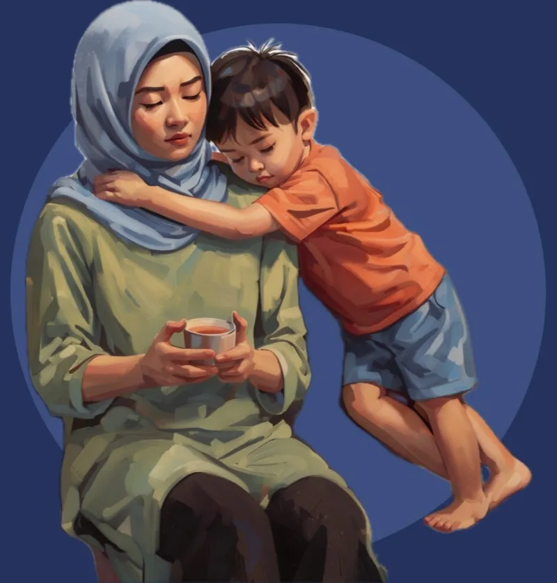 Mama memegang teh, si Kecil memeluknya dari belakang
